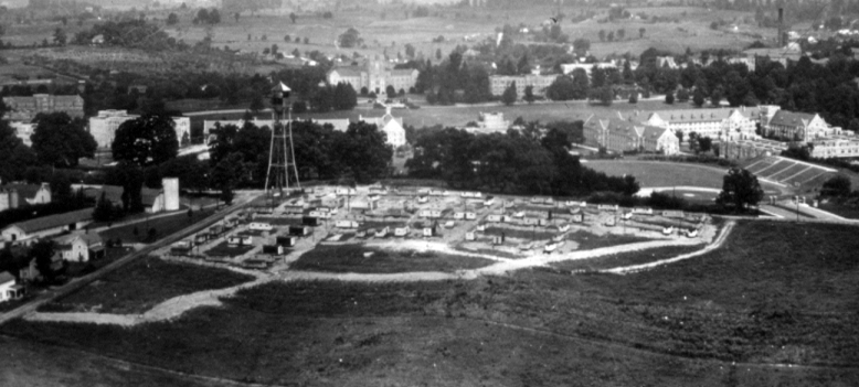 Aerial view of "Cassell Heights" trailer park, looking north toward Burrus Hall.