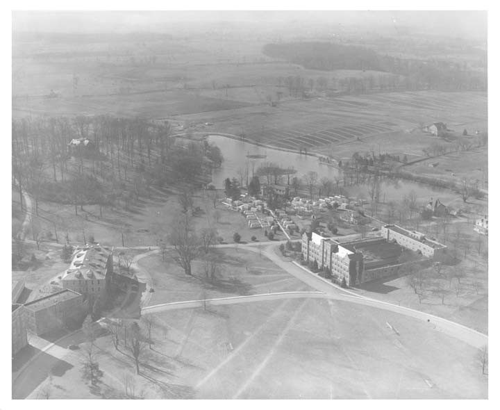 Aerial view of trailer camp #1, Vetsville, adjacent to the Duck Pond.